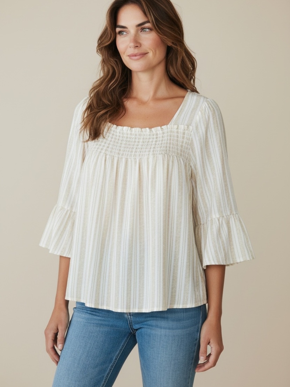 Floral & Ivy Cream Striped Smocked Peasant Top